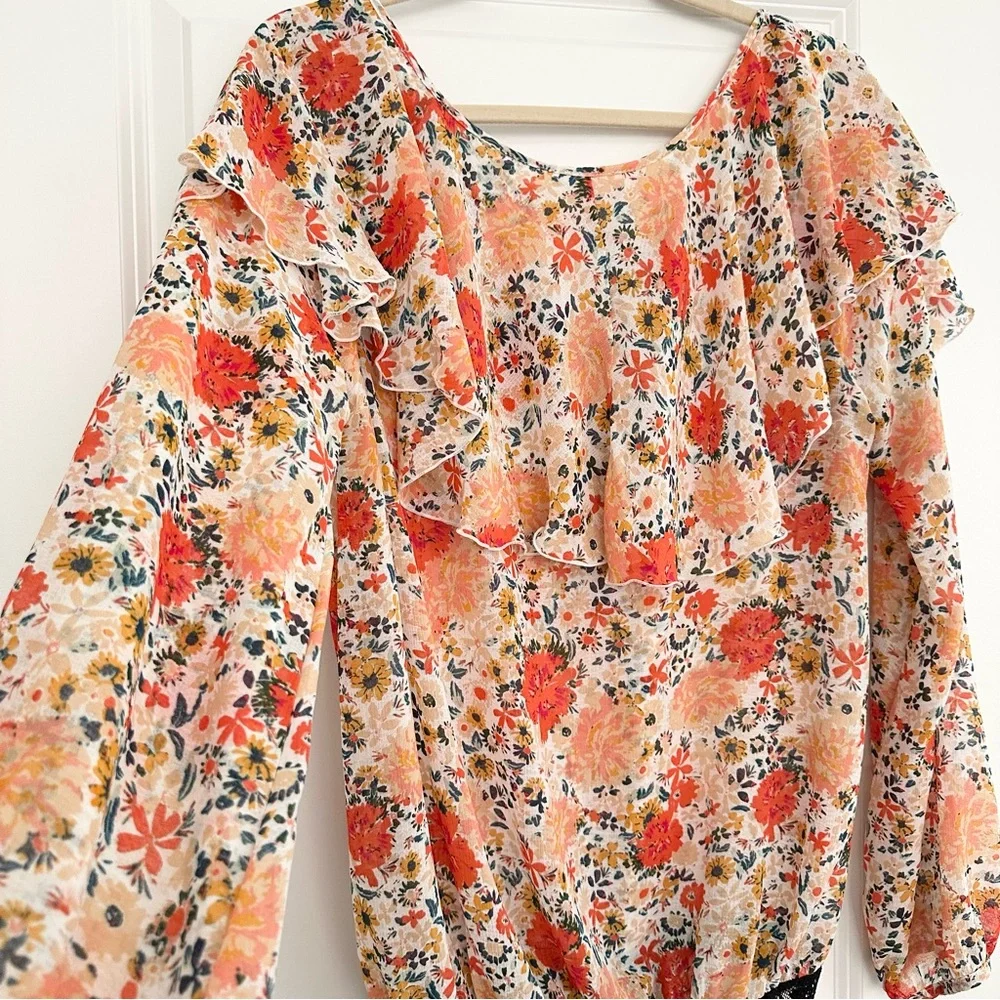 Free People Intimately Free Say It To Me Orange and Cream Bodysuit-Floral Blouse
